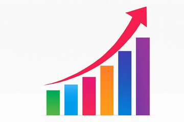 Colorful bar chart with upward trending red arrow showing growth and success