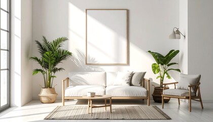 Sun-drenched Scandinavian style living room interior featuring a cozy sofa, houseplants, and a blank vertical poster frame for mockup on a white wall