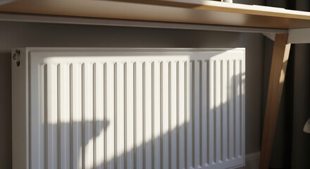 Obraz premium A white, modern radiator is partially visible, positioned beneath a sleek wooden table. Sunlight streams in, casting a shadow and highlighting the vertical grooves of the radiator