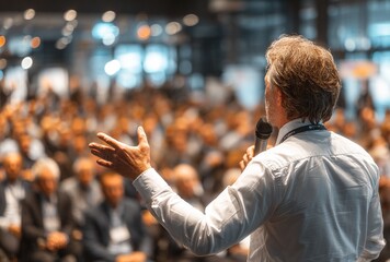 A man speaking with a microphone to an audience in a blurred conference hall. Ideal for business event promotions, motivational content, or corporate training visuals.