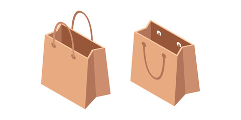 Isometric shopping bags collection. Two brown paper bags with handles for retail purchases. Eco-friendly packaging design for stores and markets. Vector illustration isolated on white background