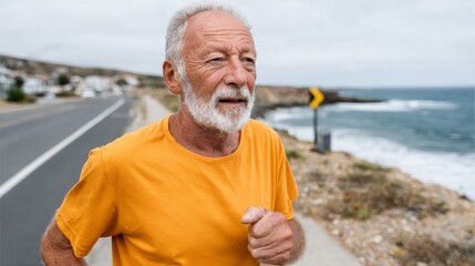 Elderly man jogging along coastal path nature trail scenic view fitness activity bright clothing
