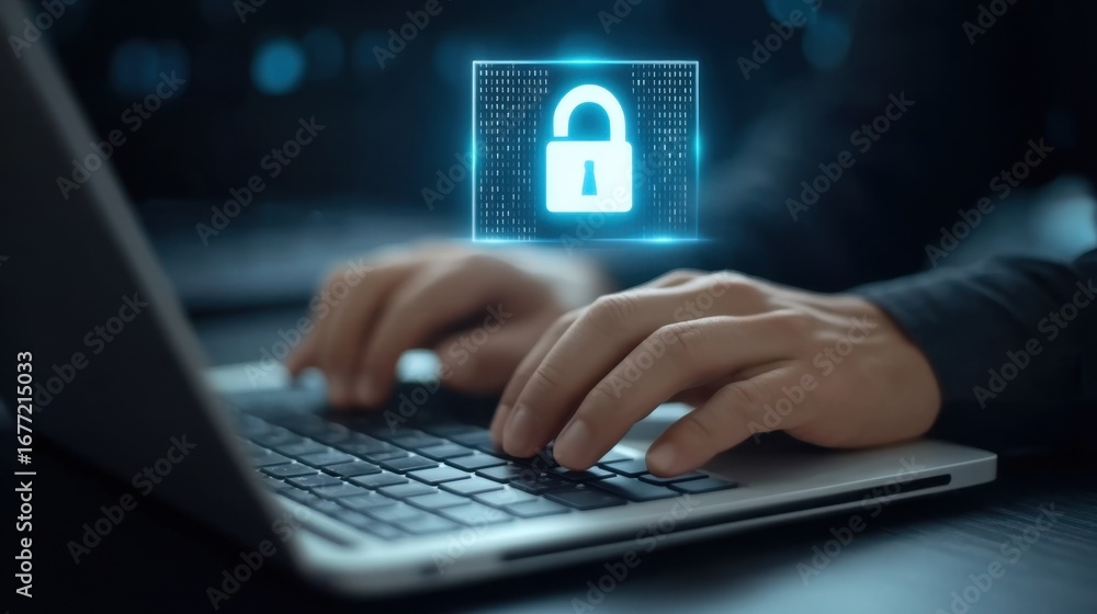 Poster secure online data protection concept with hands typing on laptop keyboard and digital lock symbol o