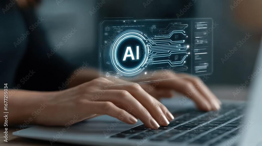 Poster hands typing on laptop with futuristic ai interface and digital circuit display creating innovative 