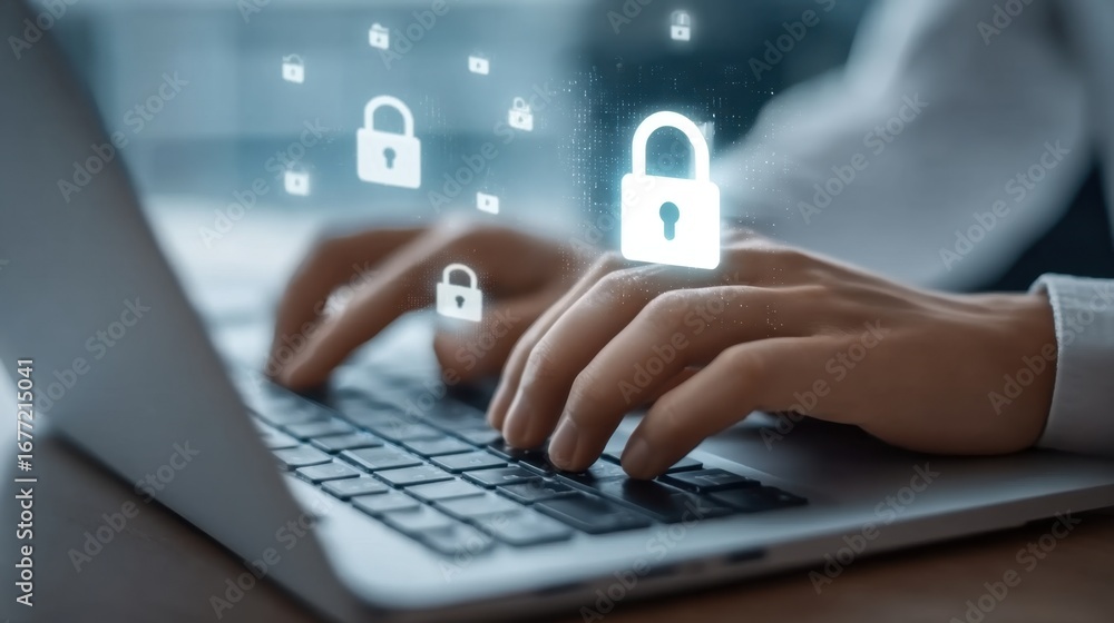 Poster Engaging in Online Security Practices with Digital Lock Icons Above a Laptop Keyboard Reflecting the Importance of Data Protection and Cybersecurity Awareness