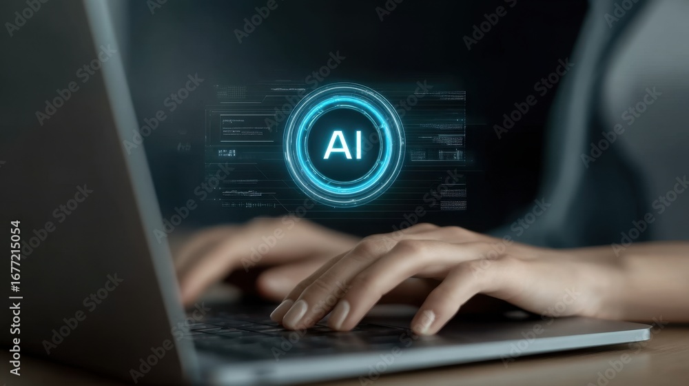 Poster hands using laptop with glowing ai interface symbol, representing artificial intelligence technology