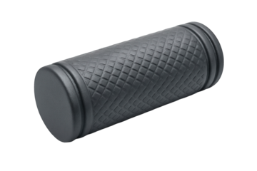 Photo of a black foam roller with a textured grip for exercise and physical therapy, isolated on a transparent background