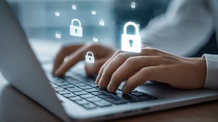 Engaging in Online Security Practices with Digital Lock Icons Above a Laptop Keyboard Reflecting the Importance of Data Protection and Cybersecurity Awareness