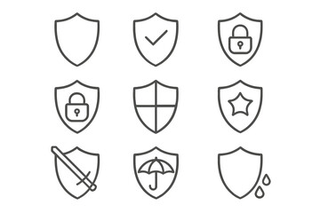 Shield defense and insurance line icon bundle, minimalistic linear security pictograms for web, graphic design, apps, banners, social networks, cards, vector cartoon