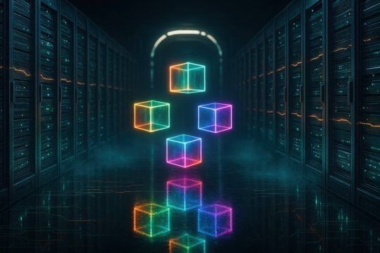 Server racks with neon cubes and digital circuits in futuristic data center
