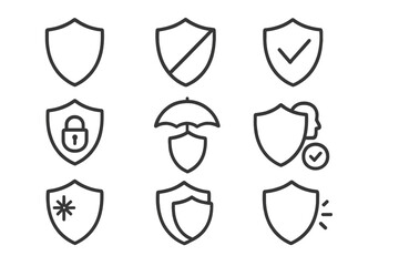 Simple Linear Shield Icon Set, Defense and Security Symbols, Minimalist Vector Pictograms for Web, Graphic Design, Apps, Banners, Social Media, and Cards, Protection and Safety Elements