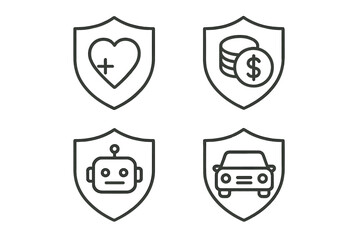 Simple Linear Insurance Icons Vector Illustration with Health, Money, Robot, and Car Symbols Protected by Shield for Concept, Apps, Graphics, and Business Use