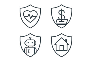 Simple Linear Illustration of Insurance Concepts with Shield Icons Featuring Health, Money, Robotics, and Home Protection for Graphics and App Design, Vector Cartoon Style