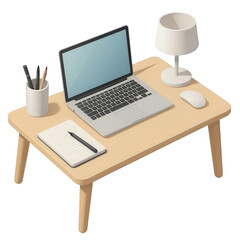 Photo of a cozy home office setup on a low wooden table, featuring a laptop, a notebook with a pen, a desk lamp, and a computer mouse, isolated on a transparent background