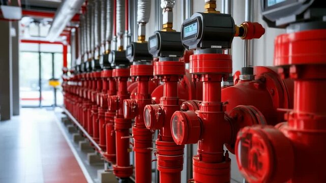 Red fire suppression system pipes with pressure gauges in industrial building