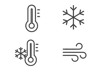 Thermometer and snowflake icon bundle, weather symbols, cold temperature signs, winter season vector, outline graphic set for apps, web design, adverts, cards, transparent background