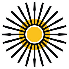 Abstract Sun Symbol With Yellow Center And Black Straight Rays On White Background icon solar