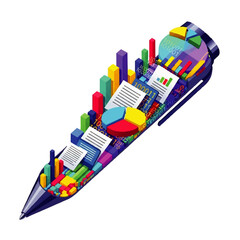 Obraz premium A pen overflowing with colorful charts, graphs, and documents symbolizes data analysis and creative problem-solving.