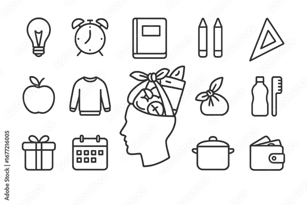 Poster collection of various items inside a head outline, bundle of related line icons for graphic and web 