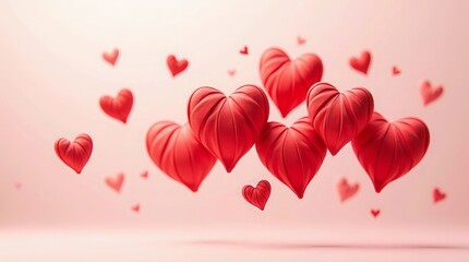 Red hearts floating soft pink background love romance