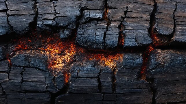 Close Up of Hot Charred Wood with Fire Embers Showing Heat and Energy Concept
