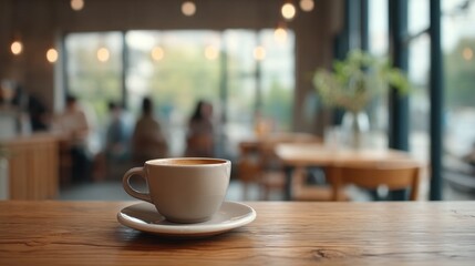Cozy coffee cup on wooden table in modern cafe with soft lighting and blurred people in background, perfect for relaxation and social moments