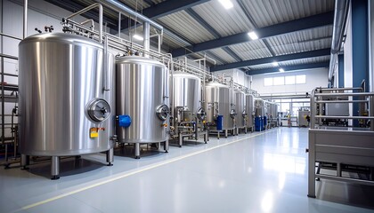 Industrial Food Processing Plant Stainless Steel Tanks  Equipment in Modern Facility.