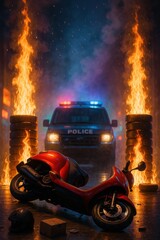 Overturned scooter with burning barricades and police vehicle in smoky protest scene