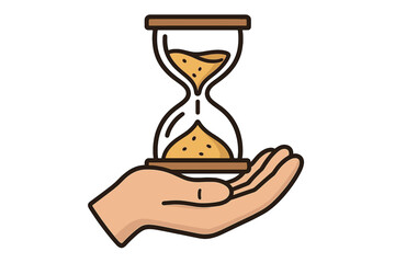 Hourglass held in hand symbolizing the passage of time, patience, and mindfulness in a minimalist vector cartoon style, time management, life balance concept illustration