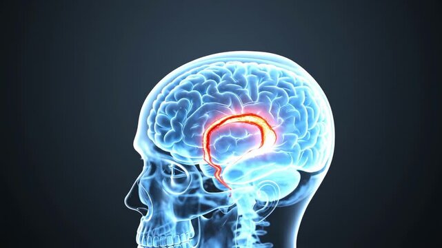 3D animated x-ray transparent human skull with glowing blue brain showing red highlighted limbic system activation in medical visualization