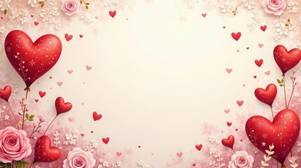 Red hearts pink roses floral border love romance