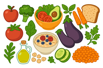 Illustration of Various Fresh Food Items and Ingredients Emphasizing Healthy Eating and Plant-Based Meals, Vector Cartoon Style with Transparent Background