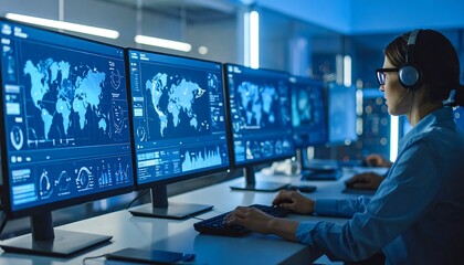 IT Professional Monitoring World Map Data in HighTech Control Room  Security.