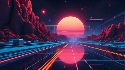 Neon highway at sunset, retrofuturistic synthwave landscape