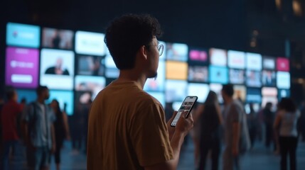 Individual with smartphone standing in crowded venue illuminated by multiple screens displaying colorful digital content and advertisements