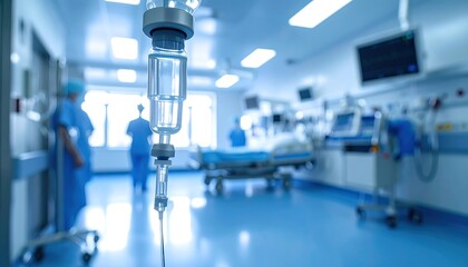 IV drip in focus with blurred ICU background, modern hospital setting, and healthcare concept.