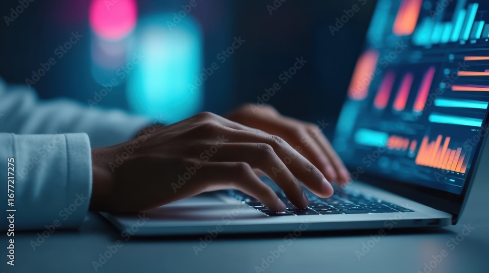 Poster close-up of person typing on laptop with data analytics displayed on screen in modern office environ