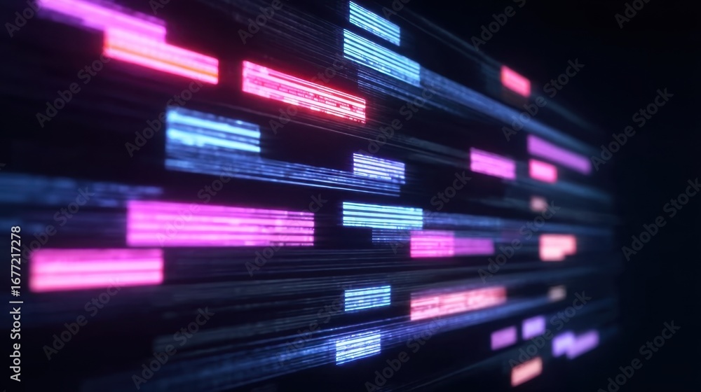 Poster abstract digital background featuring colorful light streaks, representing data flow and technology 