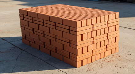 Fototapeta premium A perfectly stacked pallet of new red bricks sits on a concrete surface under bright, clear daylight. The neat arrangement showcases the uniform color