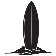 Black Surfboard Standing Upright on Beach Sand Silhouette