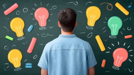 Man in Blue Shirt Looking at Blackboard with Colorful Chalk Drawings of Light Bulbs and Creative Ideas in an Educational Environment