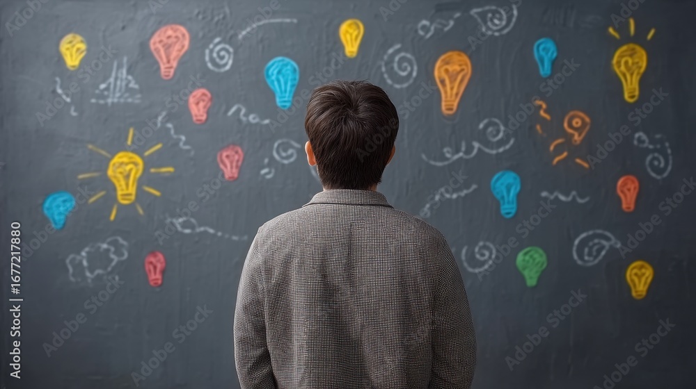 Poster person in front of colorful light bulb drawings on chalkboard thinking creatively and exploring inno