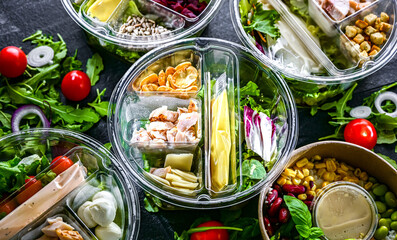 Round plastic boxes with pre-packaged vegetable salads