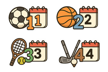 Sports equipment and activities calendar icons set featuring soccer, basketball, tennis, and golf illustrated with numbers and calendars in cartoon style vector