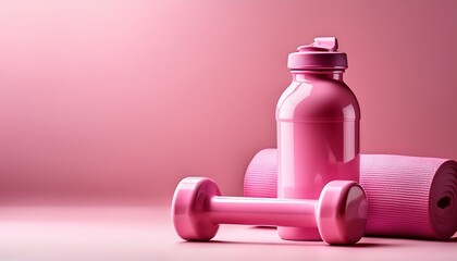 pink dumbbells and water bottle on pink background