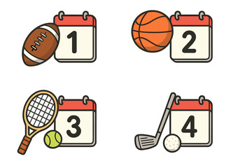 Sports Equipment and Activities Illustrated with Simple Numbered Calendars Featuring Football, Basketball, Tennis, and Golf in a Clean Vector Cartoon Style with Transparent Background