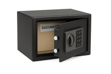 Obraz premium Photo of open black metal safe with digital keypad and a document inside, isolated on transparent background