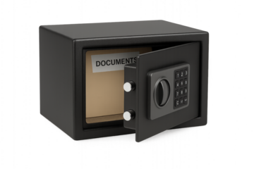 Photo of open black metal safe with digital keypad and a document inside, isolated on transparent background