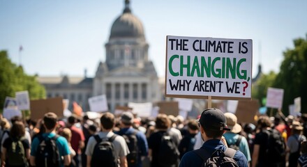 A large crowd of people gathered for a climate change protest, holding a sign in front of a government building.