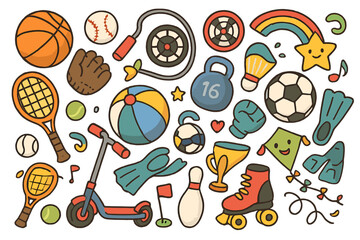 Creative colorful vector cartoon illustration of sports equipment and playful items arranged in a vibrant layout showcasing various athletic activities and fitness gear